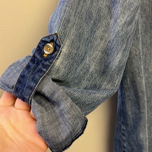 Side Stitch Dark Wash Long Sleeve Lyocell Botton Down Shirt- XSP - Picture 9 of 16